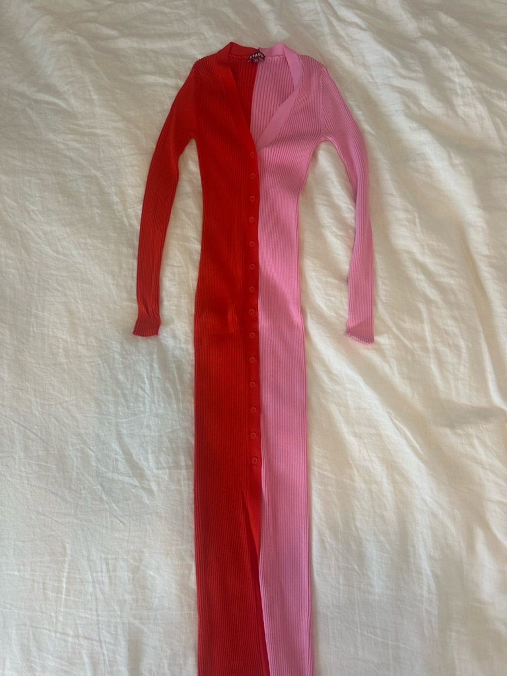 STAUD Two-Tone Red and Pink Ribbed Long Sleeve Maxi Dress